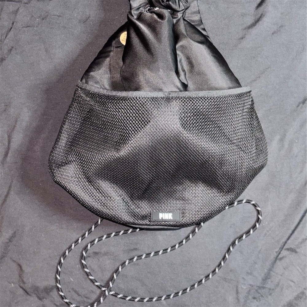 Victoria's Secret PINK Drawstring Backpack Gym Bag Black Mesh Pocket